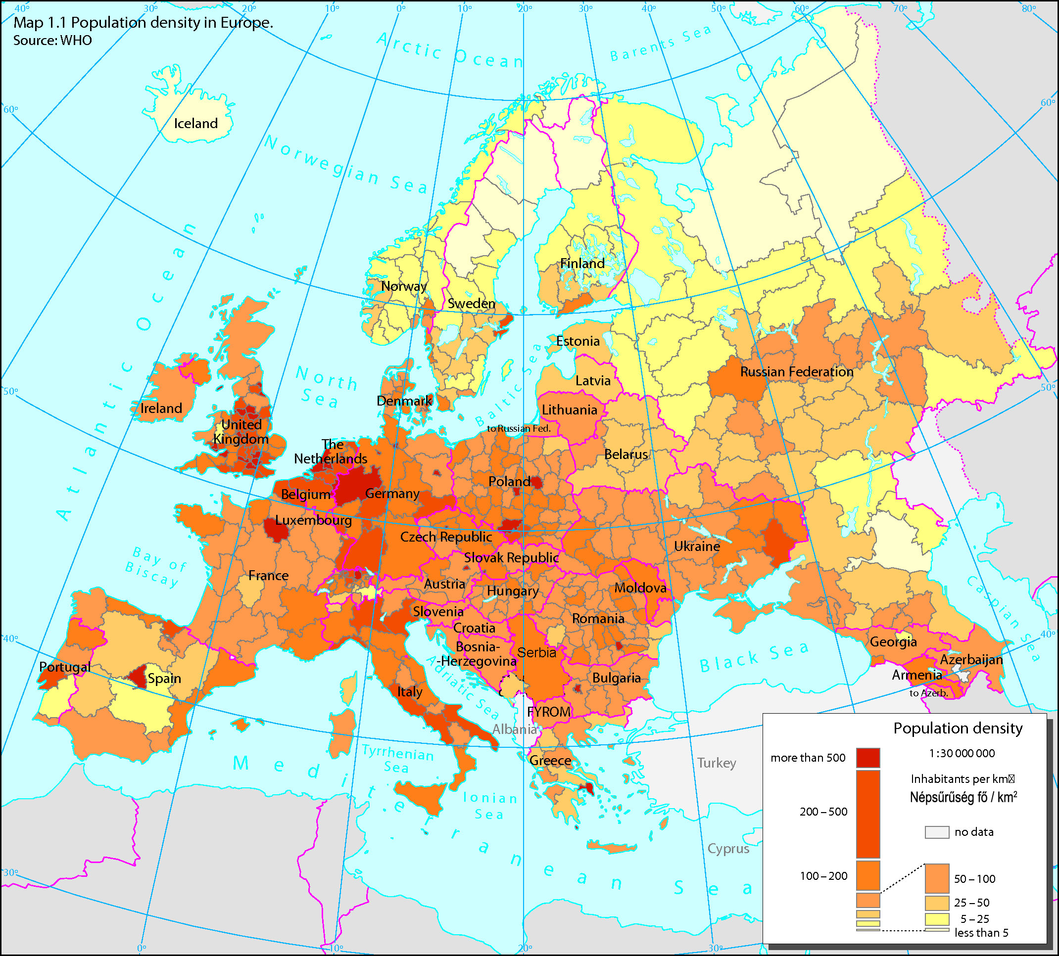 Európa népsűrűség térképe